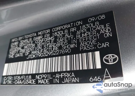 2009 Toyota Yaris from USA, damaged, VIN JTDKT903295227690